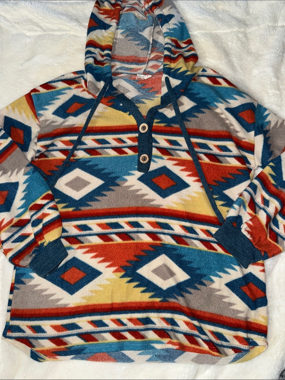 BiBi Aztec Hooded Henley Pullover - Blue, Red, Yellow & Gray